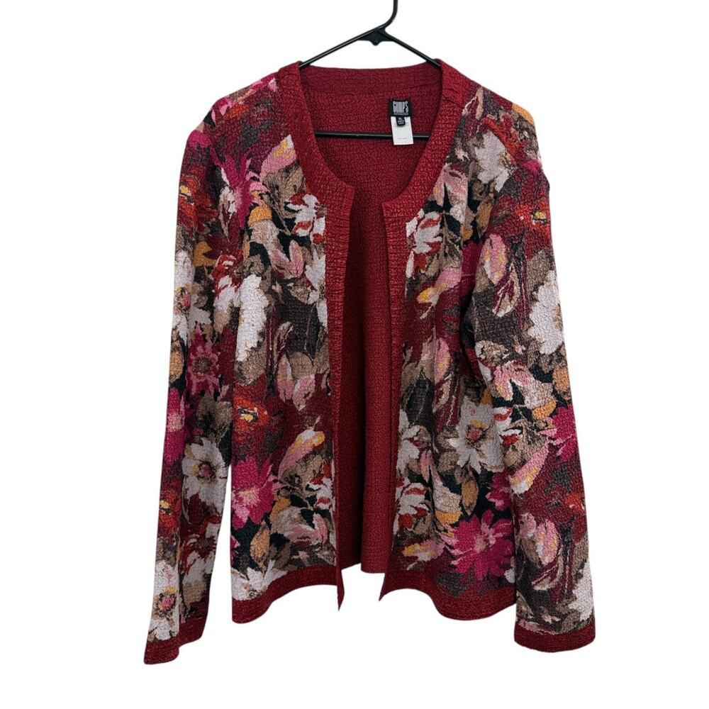 Gumps San Francisco Jacket Womens XL Red Floral Art Wear Crinkle Open Textured